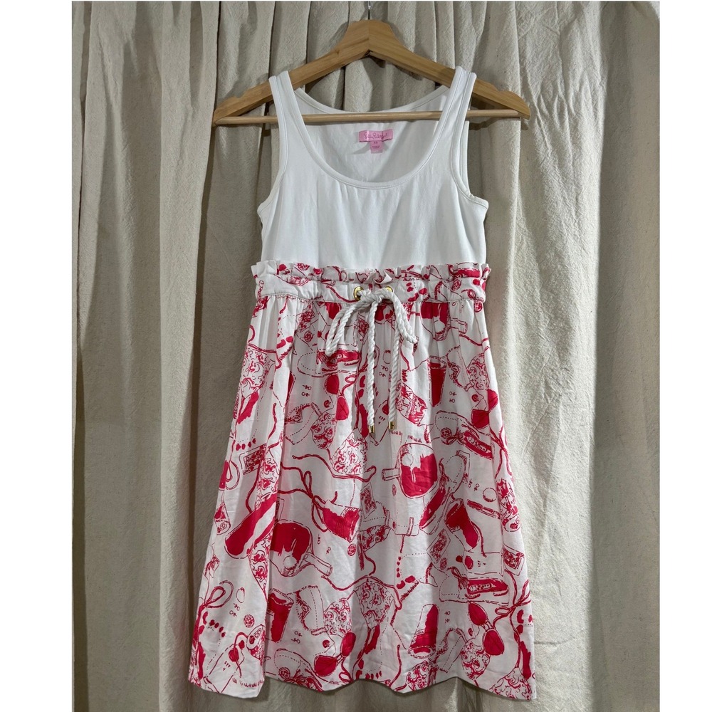 Lilly Pulitzer Pink White Beach Print Paperbag Waist Tank Dress XS